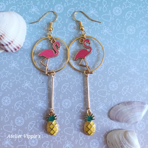 Boucles d'oreilles flamant rose ananas