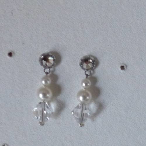 Boucles d'oreilles blanc/cristal pour robe de mariée/mariage/soirée/cérémonie/coktail perles nacrées,toupies cristal, boucles d'oreilles pas cher 