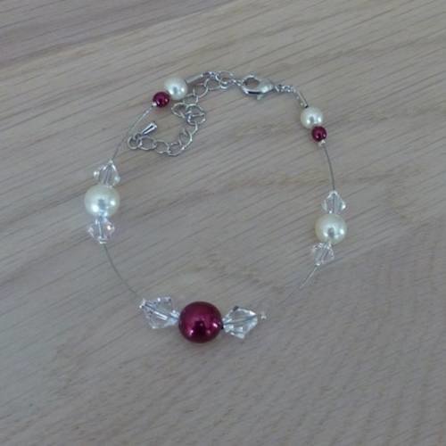 Bracelet  bordeaux, ivoire, cristal pour robe de mariée/mariage/soirée perles nacrées, toupies cristal, pas cher , bracelet rafiné 