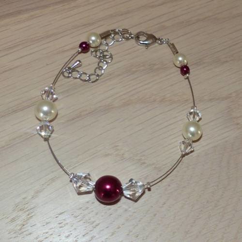 Bracelet  bordeaux, ivoire, cristal pour robe de mariée/mariage/soirée perles nacrées, toupies cristal, pas cher , bracelet rafiné 