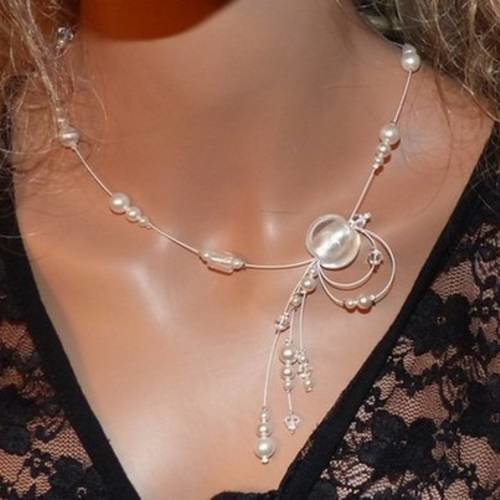 Collier original blanc/cristal pour mariée/mariage/soirée/cérémonie/cocktail perles swarovski , perles blanches, cristal, collier pas cher 