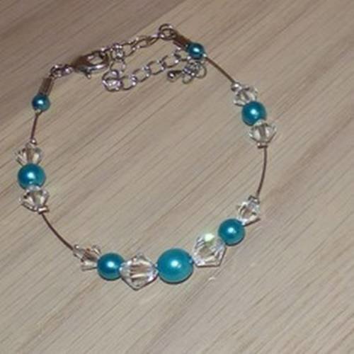 Bracelet bleu turquoise/cristal/ pour robe de mariée/mariage/soirée perles nacrées, toupies cristal, pas cher 