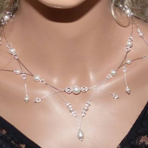 Collier mariage, collier mariée, cérémonies, soirées, collier blanc perles  swarovski, collier raffiné original