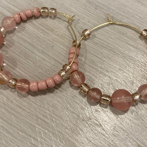 Créoles perle rose et quartz, pierre naturelle, boucle d'oreille, chic