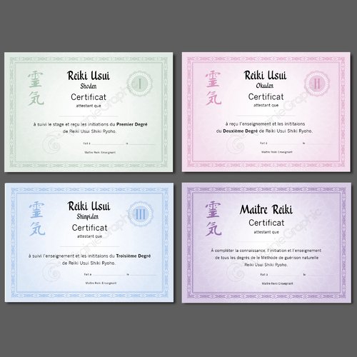Certificats reiki lot de 4 diplômes de différents niveaux, pdf à imprimer pour praticien formateur