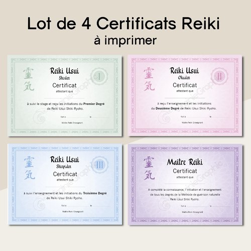 Certificats reiki lot de 4 diplômes de différents niveaux, pdf à imprimer pour praticien formateur