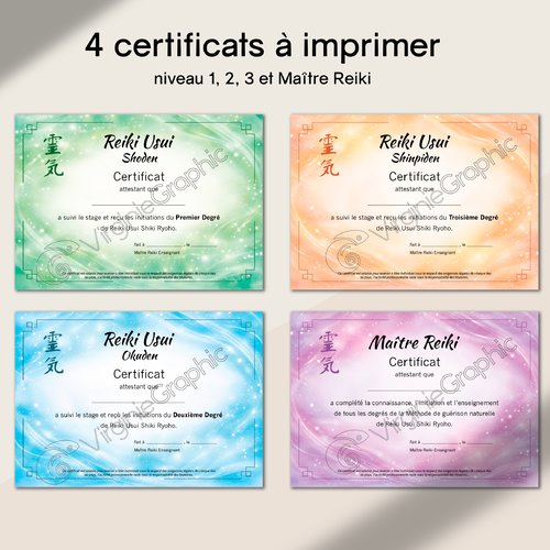 Certificats reiki niveau 1, 2 ,3 et maître reiki - pdf à imprimer format a4