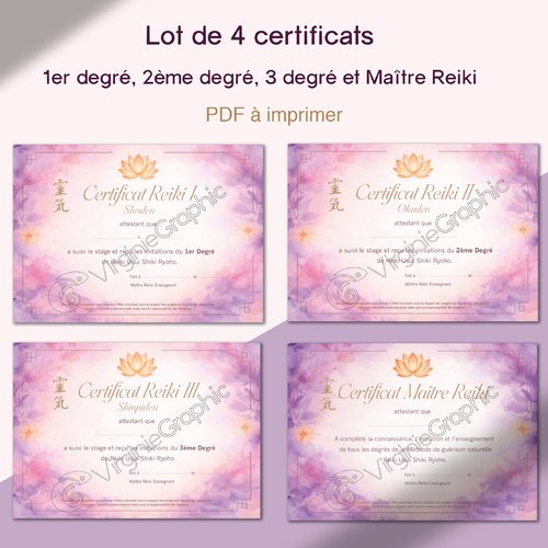 Certificats reiki niveau 1, 2 ,3 et maître reiki - lot de 4 pdf à imprimer format a4