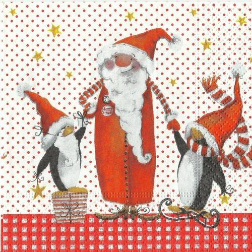 Serviette en papier avec dessin père noël et pingouin 