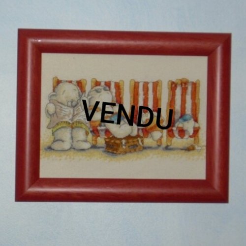 Vendu - humphrey à la plage -  produit fini - lot 2 tableaux brodé main au point de croix
