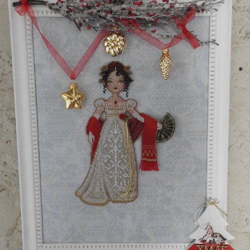 Jane austen at the christmas ball - produit fini- broderie faite main au point de croix et perles