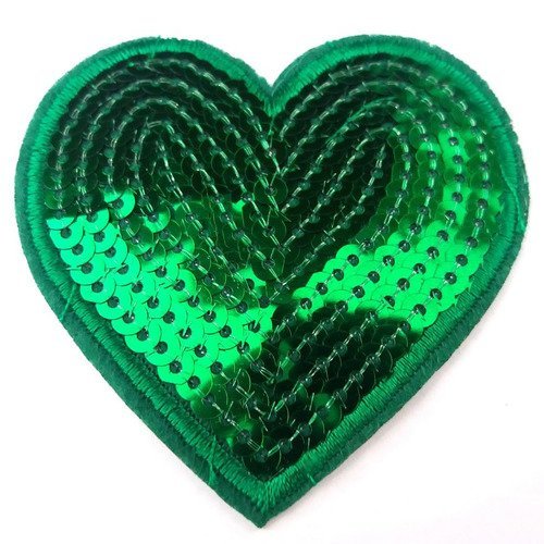 Thermocollant coeur avec des sequins vert - 70x70mm - applique a coudre