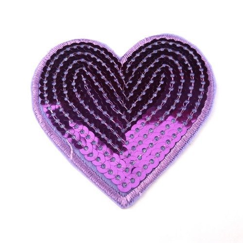 Thermocollant coeur avec des sequins violet - 70x70mm - applique a coudre