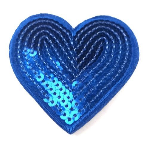 Thermocollant coeur avec des sequins bleu - 70x70mm - applique a coudre