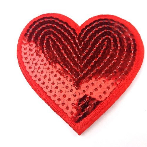 Thermocollant coeur avec des sequins rouge - 70x70mm - applique a coudre