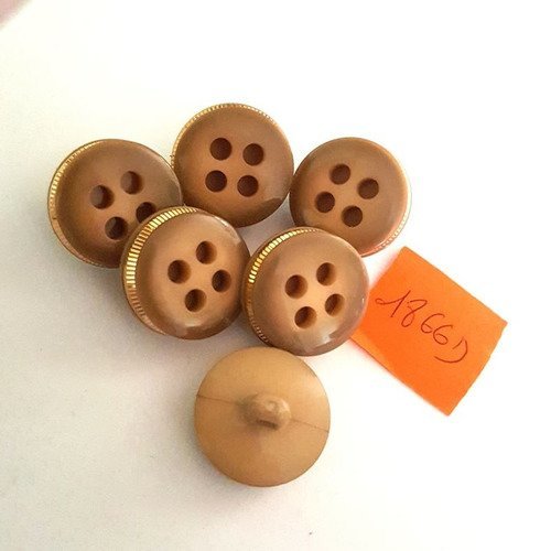 6 boutons résine beige foncé métal doré anciens - 20mm - n°1866d