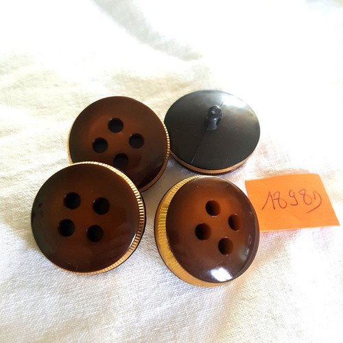 4 boutons résine marron et métal doré anciens - 29mm - 1898d