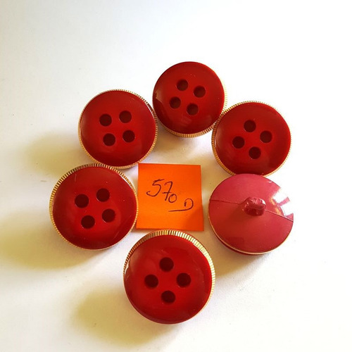 6 boutons résine rouge et doré anciens - 26mm - 570d