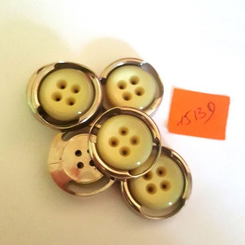 6 boutons résine argenté et cabochon crème anciens - 26mm - 1513d