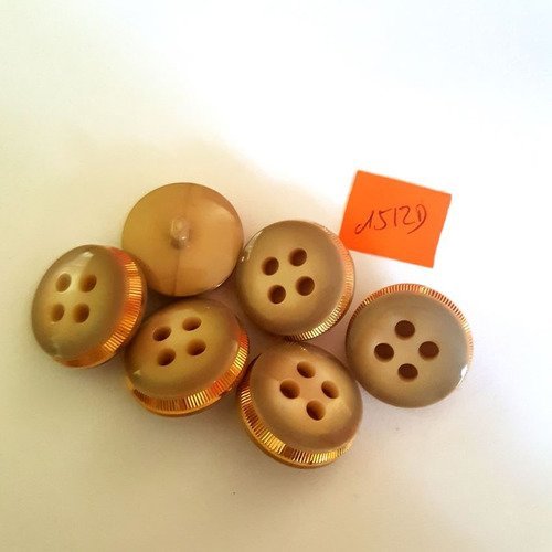 6 boutons résine marron clair + liserai doré anciens - 26mm - 1512d