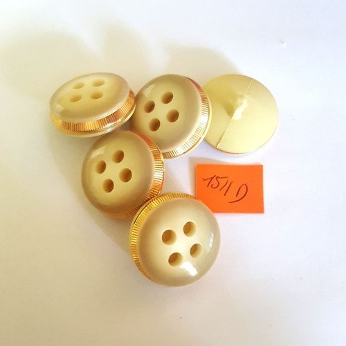 6 boutons résine crème + liserai doré anciens - 26mm - 1511d