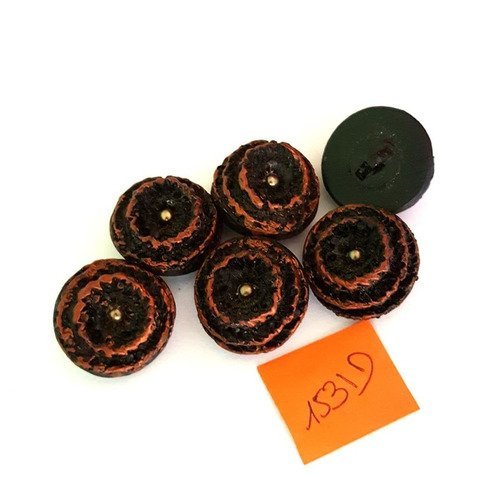 5 boutons résine marron et perle doré anciens - 23mm - 1531d