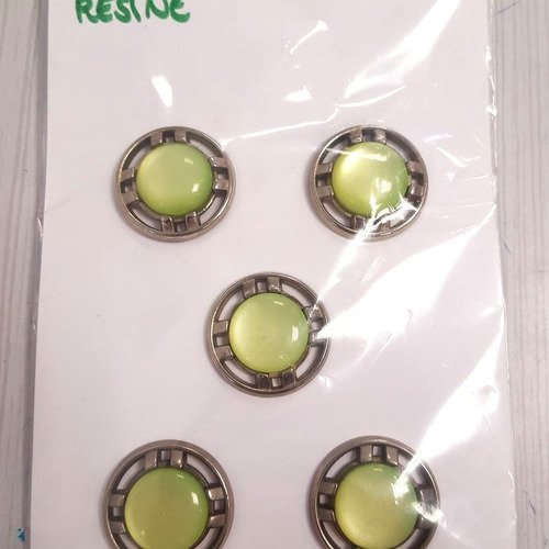 5 boutons résine vert et argenté vintage - 22mm - n°82