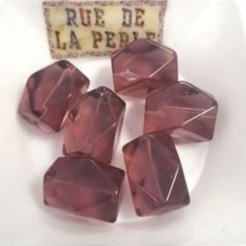 6 perles en verre a facette rose fonce transparent - 14x20mm