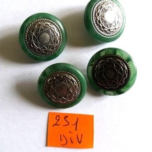 4 boutons en résine vert et métal argenté - vintage - 20mm - 251div
