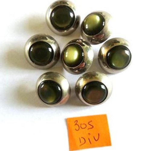 7 boutons métal argenté et perle verte - vintage - 18mm - 305div