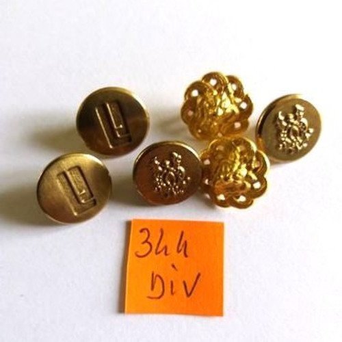 6 boutons métal doré (motif différent) - vintage - taille diverse - 344div