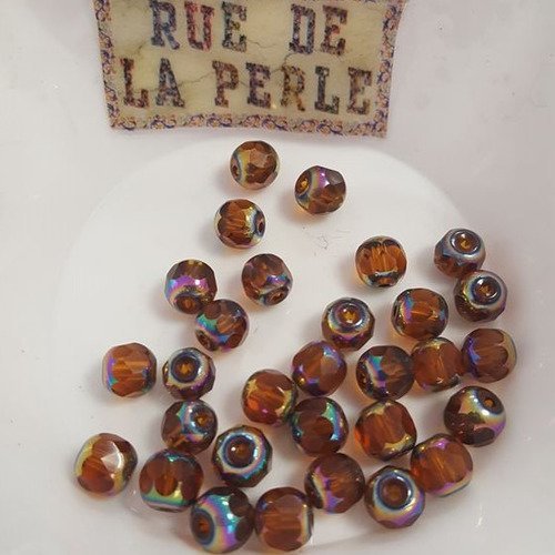 30 perles en verre a facette métallisé marron - 6mm