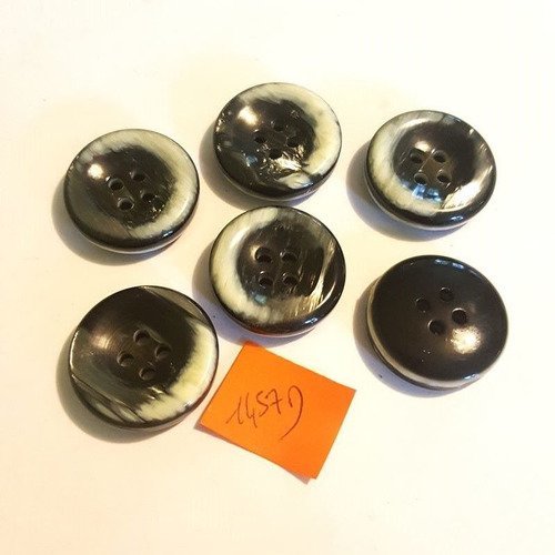 6 boutons résine noir et crème - vintage - 27mm - 1457d