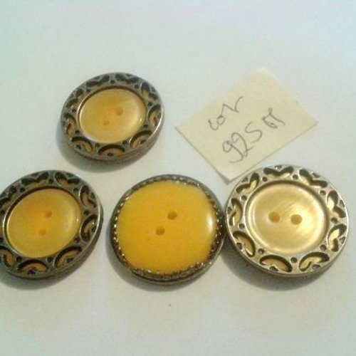 4 boutons en résine argenté et jaune - 20mm - 925m