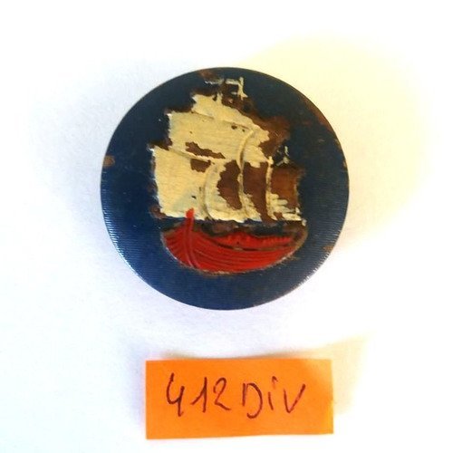 1 bouton bois ancien, décoré d'un bateau , peint à la main - 32mm - 412div