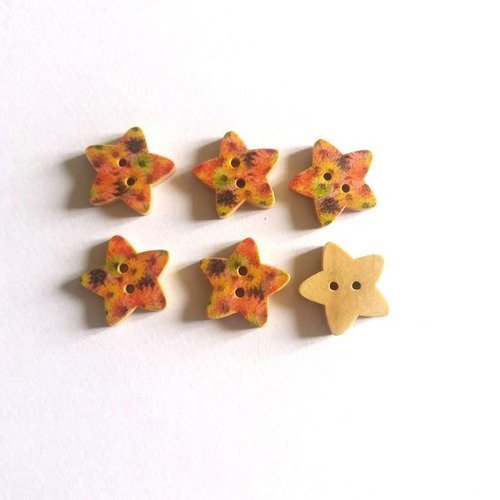 6 boutons bois en forme d'étoiles multicolores  - 17mm - f12