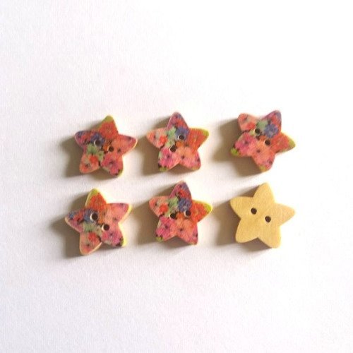 6 boutons bois en forme d'étoiles multicolores  - 17mm - f12