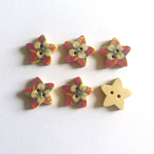 6 boutons bois en forme d'étoiles blanches et multicolores  - 17mm - f12