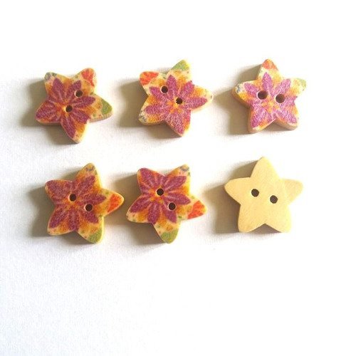 6 boutons bois en forme d'étoiles vieux rose et multicolore - 17mm - f12