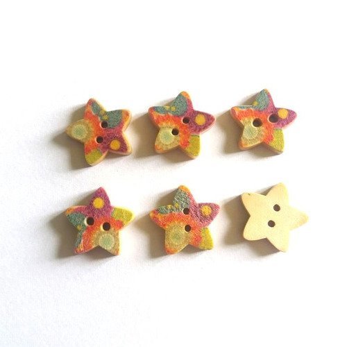 6 boutons bois en forme d'étoiles multicolores - 17mm - f12