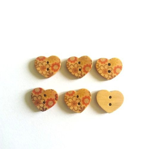 6 boutons bois en forme de coeur fleur orange - 17x15mm - f12