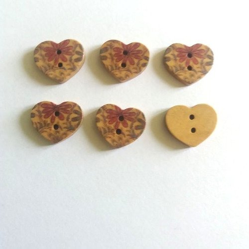 6 boutons bois en forme de coeur fleur mauve - 17x15mm - f12