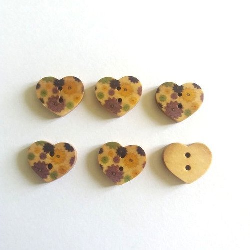 6 boutons bois en forme de coeur fleur mauve et jaune - 17x15mm - f12