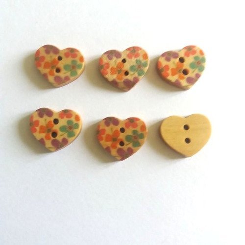 6 boutons bois en forme de coeur fleur multicolore - 17x15mm - f12