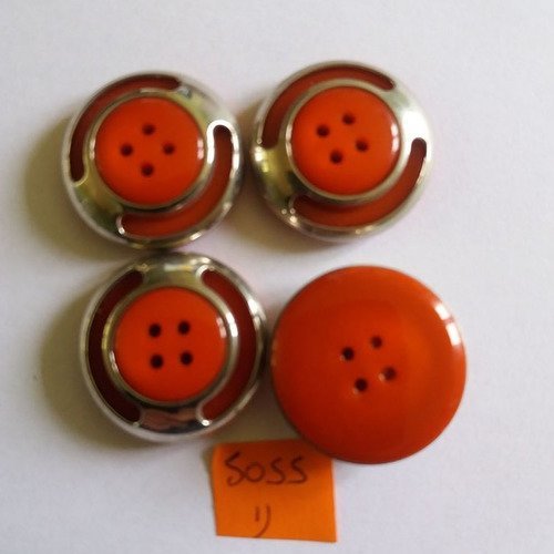 4 boutons résine rouge et argenté - vintage - 28mm - 5055d