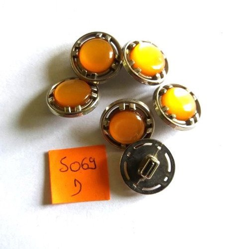 6 boutons résine orange et argenté - vintage - 15mm - 5069d