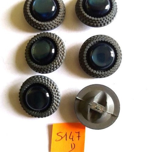 6 boutons résine gris et cabochon bleu - vintage -22mm - 5147d