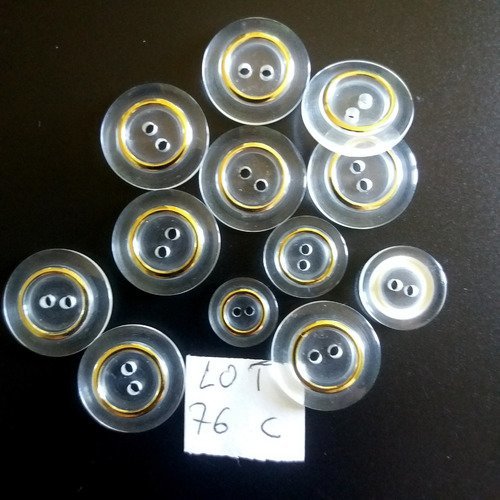 12 boutons en résine transparent avec un liserai doré - taille diverse - 76c