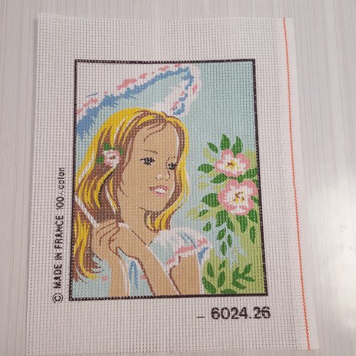 1 canevas "fille avec ombrelle et fleur" - 20x25cm - 100% coton - made in france