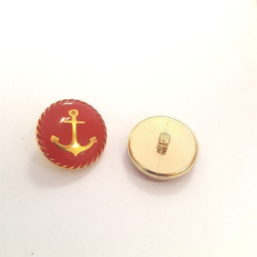 2 boutons résine rouge avec un ancre doré - 21mm- 75t